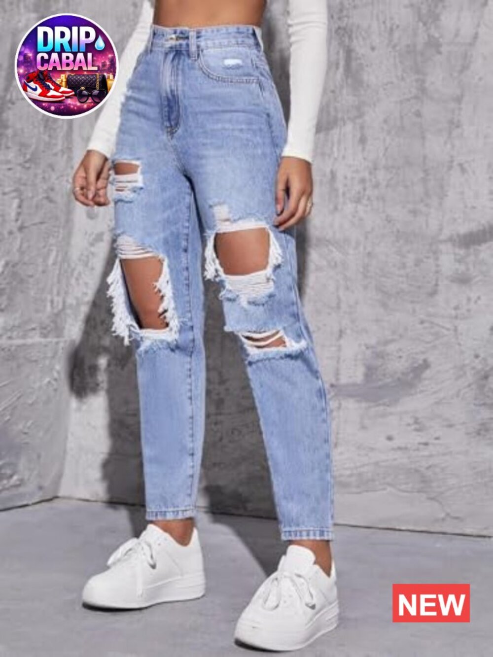 High Waist Boyfriend Straight Leg Ripped Jeans Distressed Denim - Picture 2 of 5